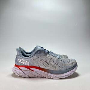 Hoka One One Clifton 8 Wide Grey Blue Orange Running Shoes Women's Size 9D